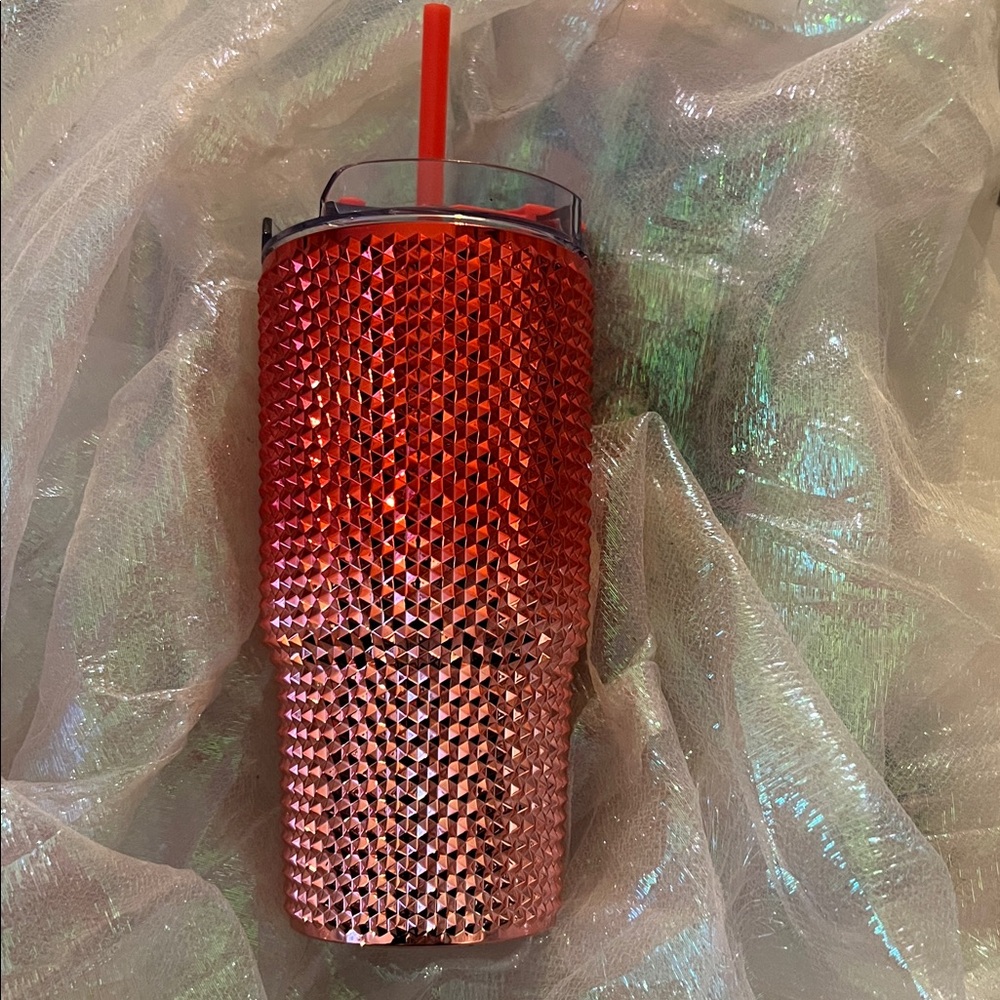 Red Ombre Studded Plastic Tumbler with Straw